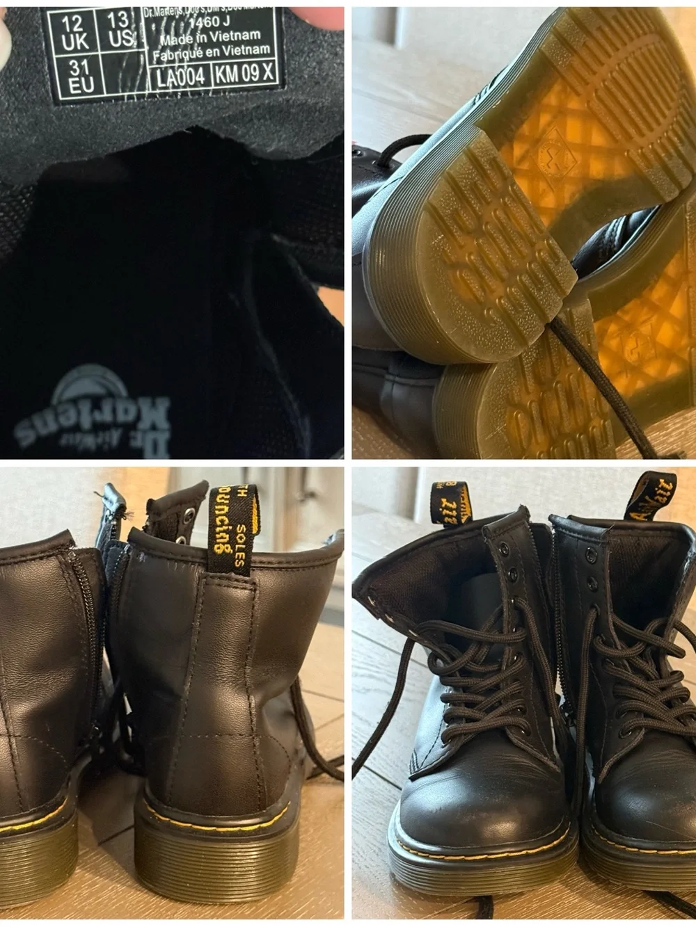 Dr. Martens Kids Black Leather Lace-Up Boots with Yellow Stitching